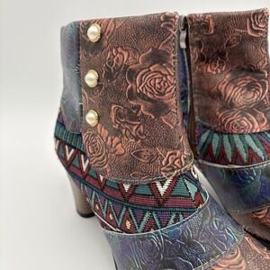 Art Work Faux Leather Colorful Artsy Cuff Ankle Boots Brown Size 40/10 Women's